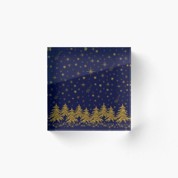 Aperçu de l'œuvre Sapin de Noël or scintillant, étoiles, neige sur bleu créée et vendue par homemadecreate.