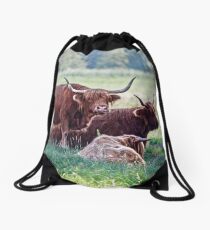 Highland cattle cows family on pasture Drawstring Bag