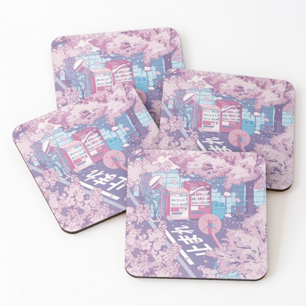 A beautiful aesthetic Tokyo street and  the pink sakura tree blossom (pastel version) Coasters (Set of 4)