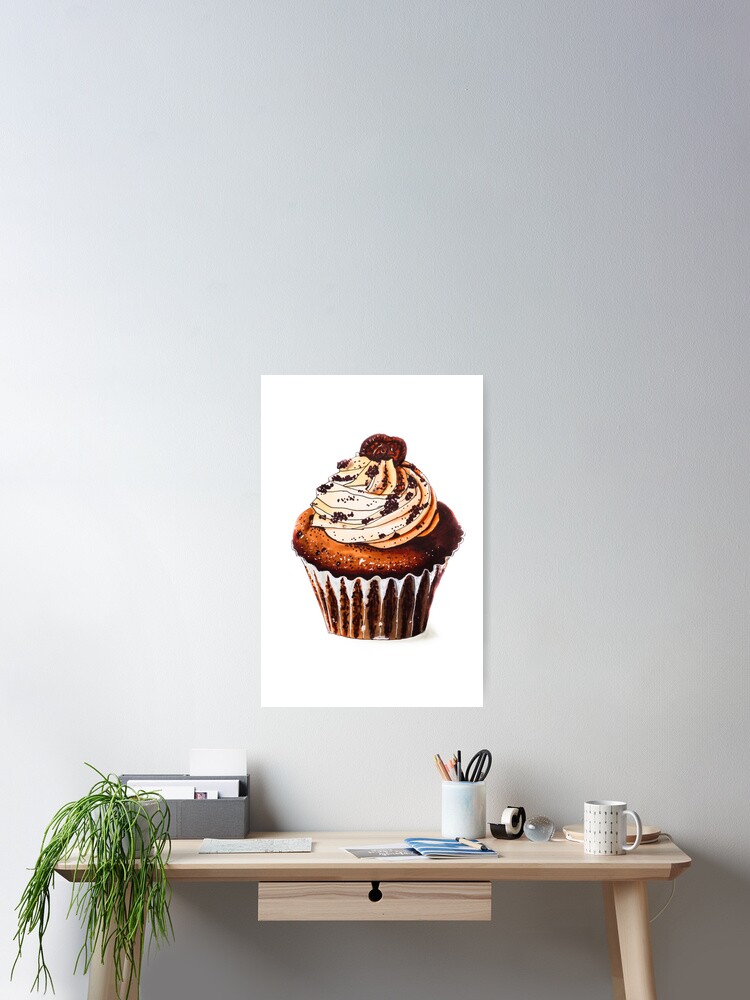 Poster Aquarelle Cupcakes Avec Creme Au Chocolat Ou Au Cafe Et Biscuits Bruns Fond Blanc Orientation Verticale Beau Gateau Fait Avec Des Marqueurs D Alcool Illustration Alimentaire Par Viktoriagam Redbubble