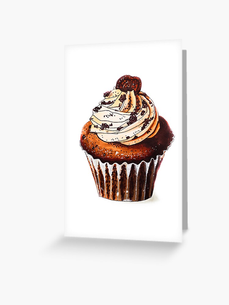 Carte De Vœux Aquarelle Cupcakes Avec Creme Au Chocolat Ou Au Cafe Et Biscuits Bruns Fond Blanc Orientation Verticale Beau Gateau Fait Avec Des Marqueurs D Alcool Illustration Alimentaire Par