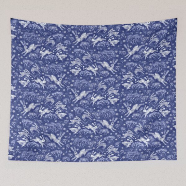 Item preview, Hares Field, White Rabbits, Winter Holidays Animal Pattern Ultramarine Blue designed and sold by Julia Khoroshikh.