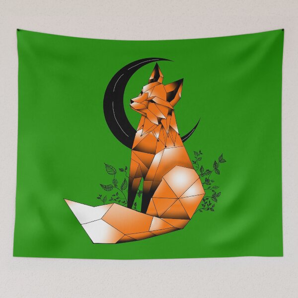 Item preview, Geometric Fox with crescent Moon and leaves green background 2 designed and sold by DemonicGloom.