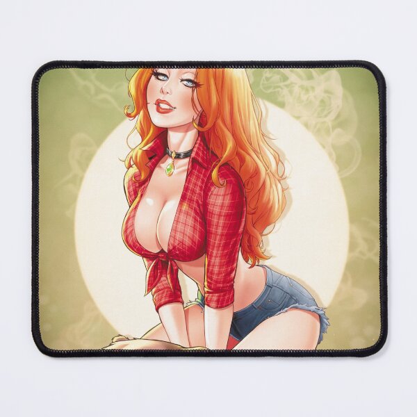 Item preview, Sexy redhead cowgirl reclines on bearskin rug designed and sold by jackscomics.