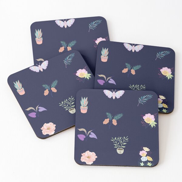 Item preview, Mixed Pastel Plants, Flowers, Butterfly Pattern on Dark Blue  designed and sold by silviaol.