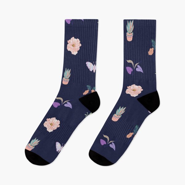 Item preview, Mixed Pastel Plants, Flowers, Butterfly Pattern on Dark Blue  designed and sold by silviaol.