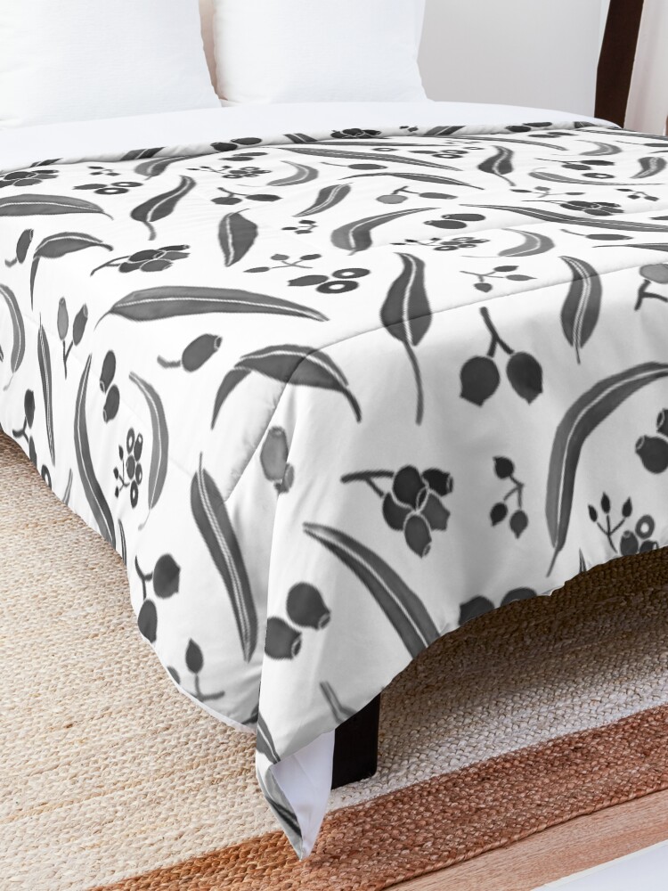 Alternate view of Eucalyptus Leaves Watercolour in Black and White Palette Comforter