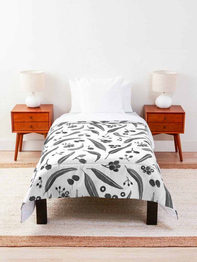 Alternate view of Eucalyptus Leaves Watercolour in Black and White Palette Comforter