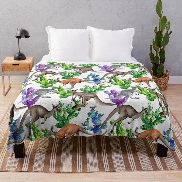 Watercolor Kangaroo Multicolor Cactus Throw Blanket