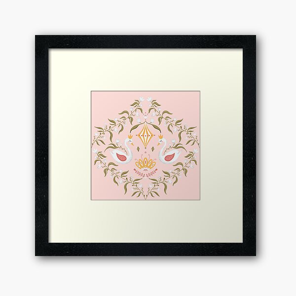 Floral pattern with swan and pink crown Framed Art Print