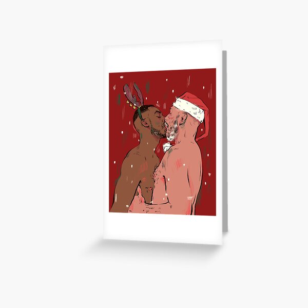 Kissing Santa - Two guys dressed for Christmas Kissing Greeting Card