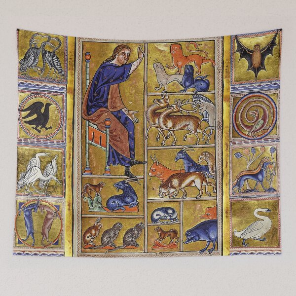 Item preview, ADAM NAMING ANIMALS ,MEDIEVAL BESTIARY,DEERS,GOATS,LIONS ,SNAKE DRAGON IN GOLD RED BLUE designed and sold by BulganLumini.
