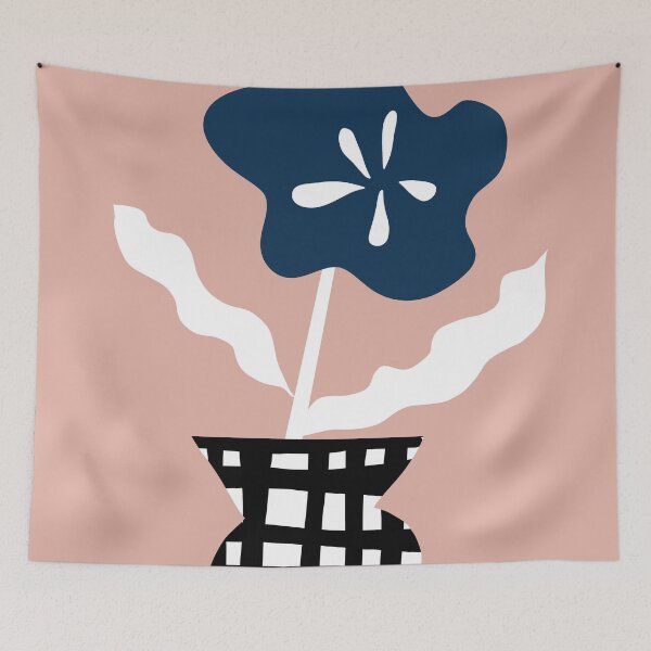 Item preview, Minimalist graphic flower 1611 in the checkered vase, dark blue, white and powder pink, retro inspired designed and sold by Nadezda Kravcenko.