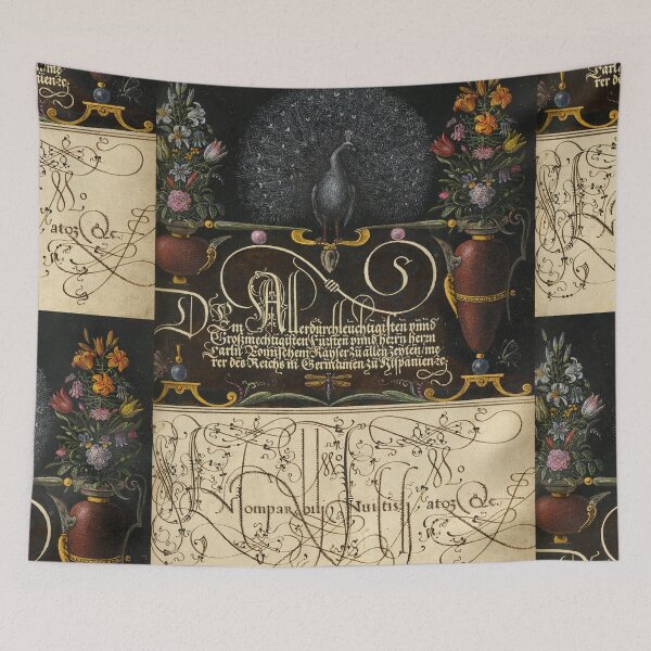 Item preview, Naturalist Manuscript: Flowers, Peacock, and Calligraphy Illumination by Joris Hoefnagel designed and sold by Naturalist Prints.