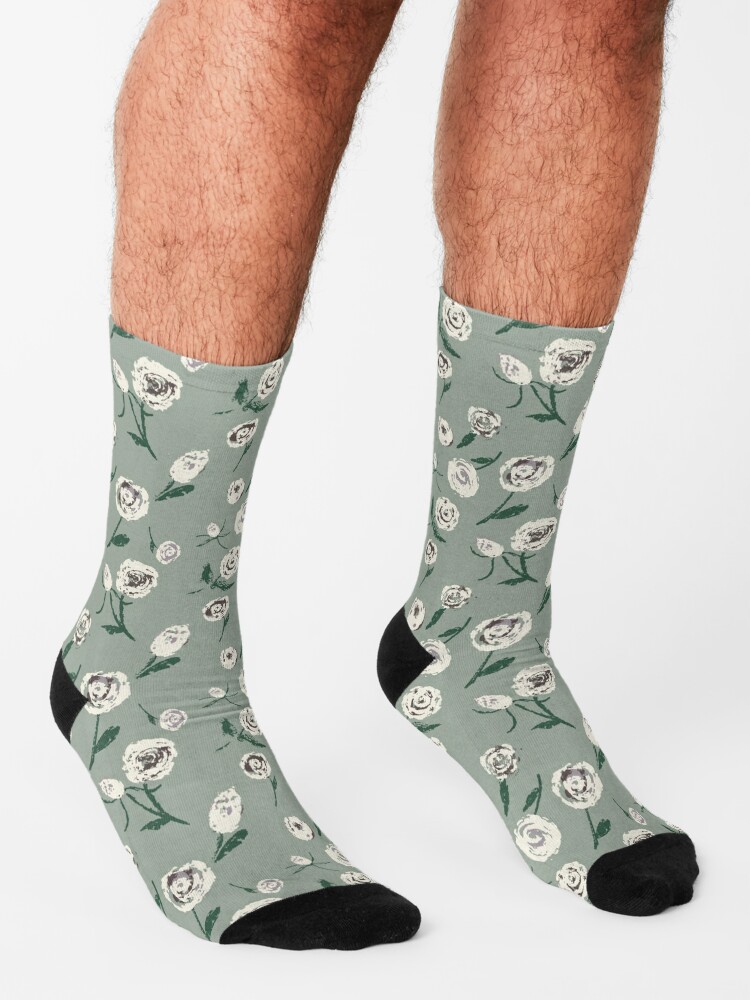 GREEN ROSES WHITE FLORAL - SAGE GREEN Socks for Sale by sheseddit