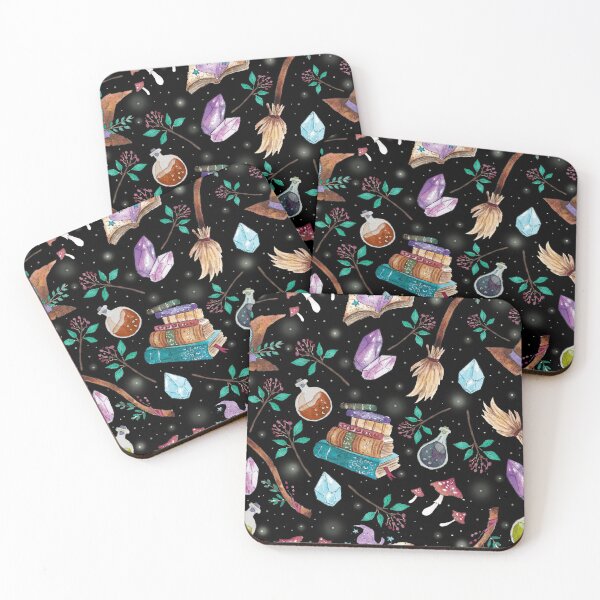 Item preview, witchy things pattern // black background designed and sold by Carrot Faery Art.