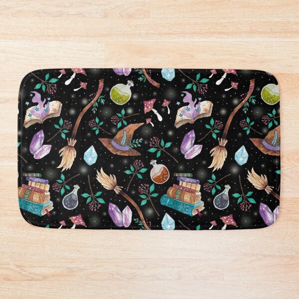 Item preview, witchy things pattern // black background designed and sold by Carrot Faery Art.