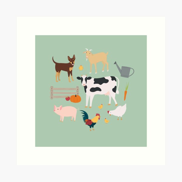 Farm animals with horse, cow, chickens, pigs, sheep and goats Art Print
