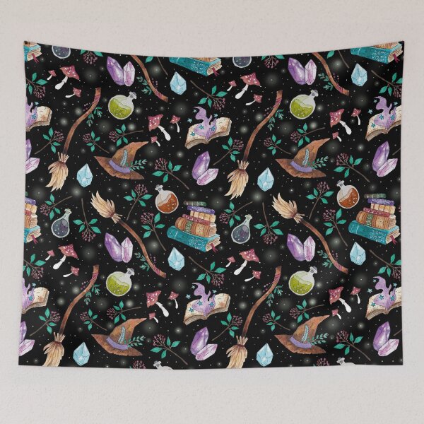 Item preview, witchy things pattern // black background designed and sold by Carrot Faery Art.