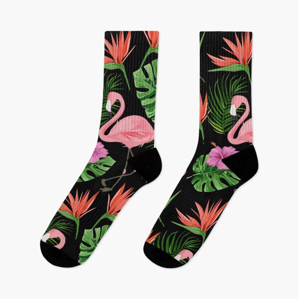Item preview, Colorful Exotic Tropical Pink Flamingo, Large Tropical Leaves, Hibiscus Seamless on Black designed and sold by silviaol.
