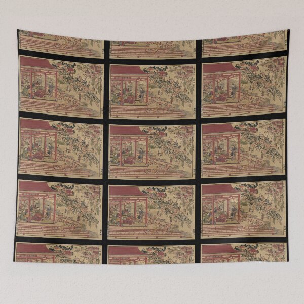 Item preview, Japanese Vintage Print Shows People in a Pavilion on Ueno Park Viewing Blossoms on Cherry Trees designed and sold by Hanlar.