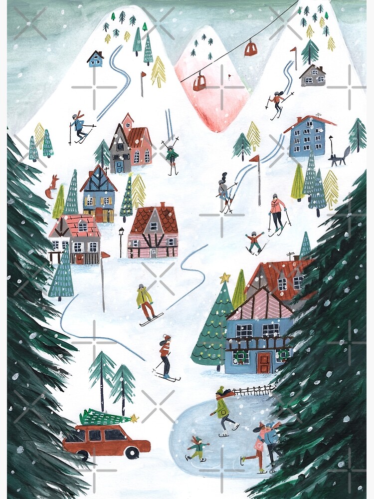 Thumbnail 2 of 2, Greeting Card, Ski Lodge cosy chalet skating snow village mountains designed and sold by CarolineBMuller.