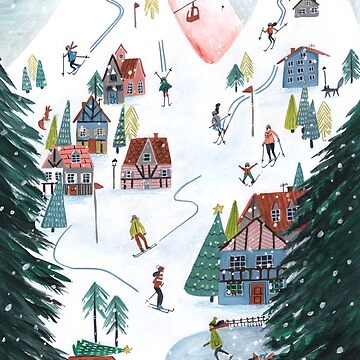Artwork thumbnail, Ski Lodge cosy chalet skating snow village mountains by Caroline Bonne Müller