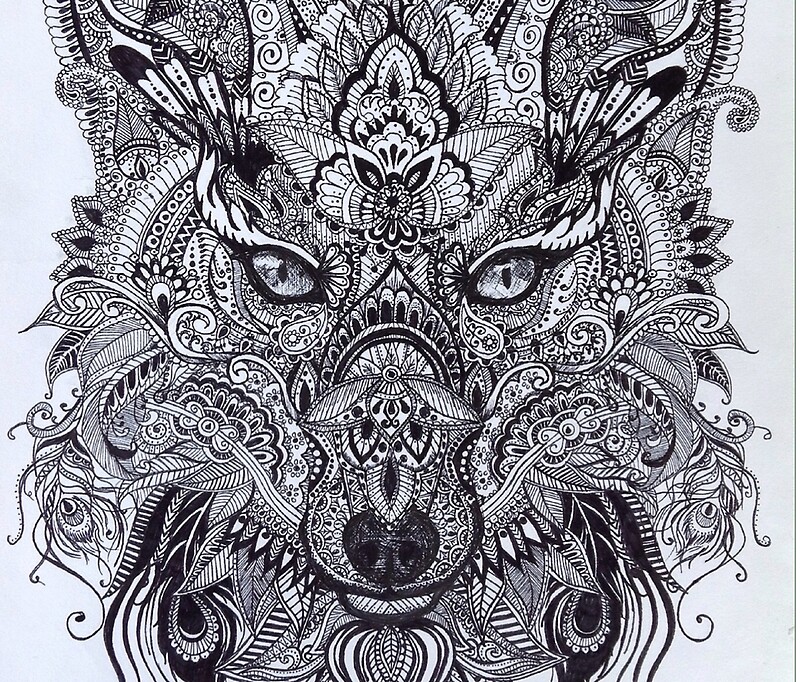 Zentagle Ornate Mandala Wolf Fox Spirit Animal Design Travel Mugs By