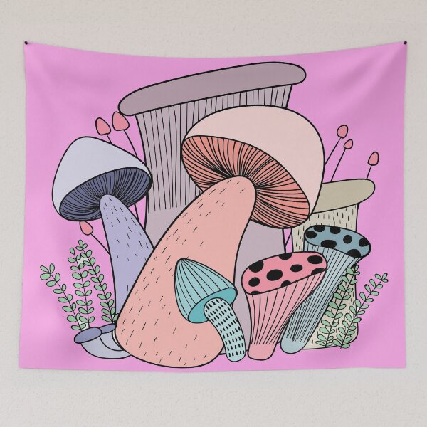 Item preview, Mushrooms doodle on a baby pink background designed and sold by VinCut.