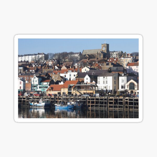 Fishing boats moored along Scarborough Sea Front, Yorkshire, UK Sticker