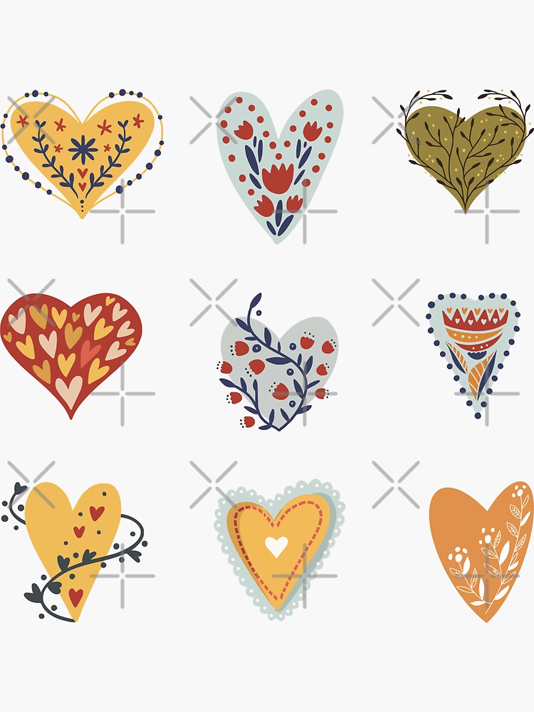 Thumbnail 3 of 3, Sticker, Folk Art Heart Sticker Pack and designs designed and sold by Dollfacedesign.