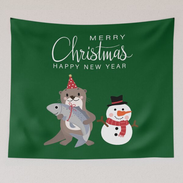 Item preview, Christmas otter (holding a gift fish) with a snowman (green background) designed and sold by SolidEarthArt.