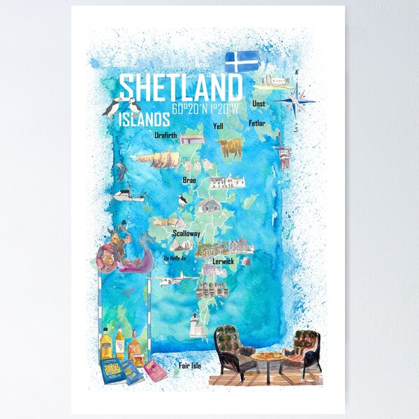Item preview, Shetland Islands Illustrated Travel Map with Touristic Highlights designed and sold by artshop77.