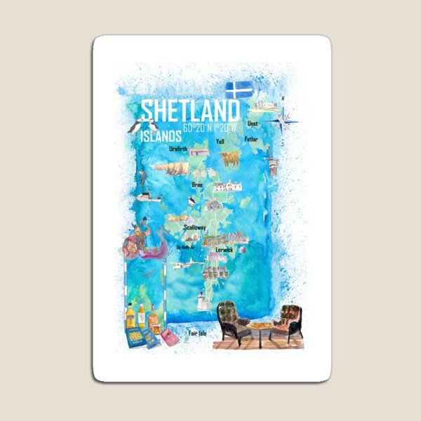 Aperçu de l'œuvre Carte touristique illustrée des îles Shetland avec les points forts touristiques créée et vendue par artshop77.