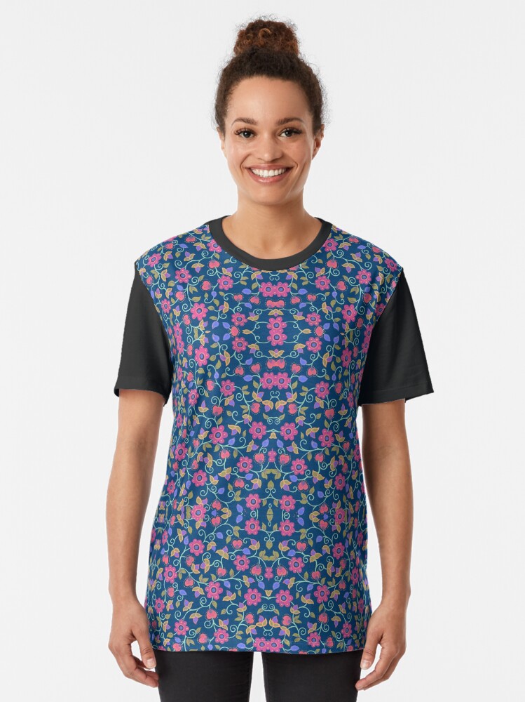 Thumbnail 2 of 5, Graphic T-Shirt, Ditzy Hearts & Flowers on a blue ground designed and sold by JoChesney.