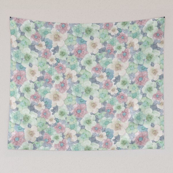Artikelvorschau, Bunte Blumen in zartem Grün, Blau, Creme und Pink entworfen und verkauft von Kim Lewellyan.