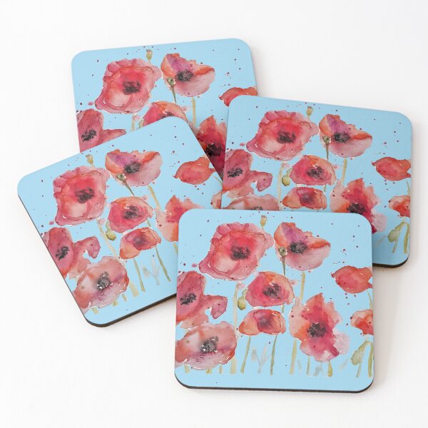 Item preview, Red Poppy Watercolor Painting on Pastel Blue designed and sold by Sarah  Rajkotwala.