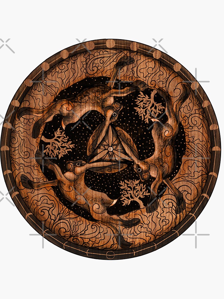 Thumbnail 3 of 3, Sticker, Hare Trinity Moon Phases Celtic Tree of Life designed and sold by tinaschofield.
