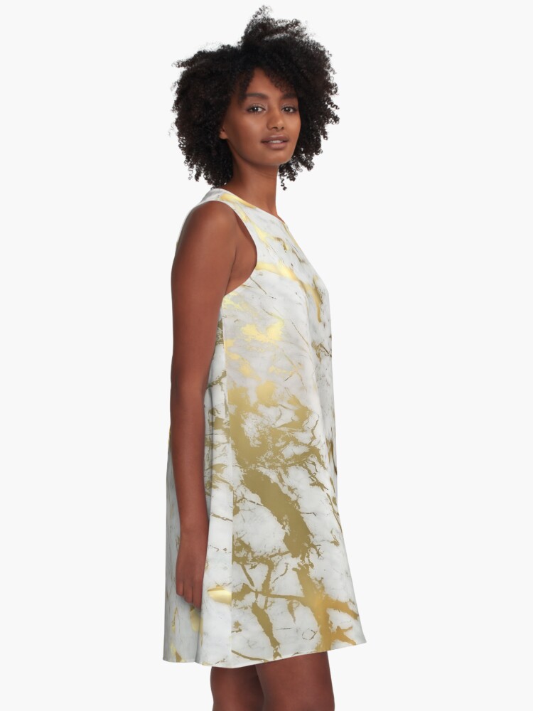 Alternate view of Gold marble on white (original height quality print) A-Line Dress