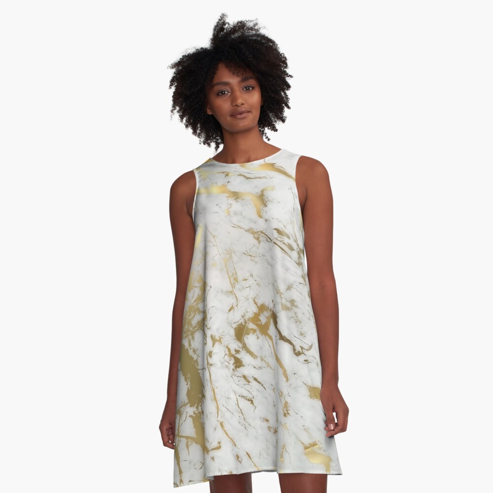 Gold marble on white (original height quality print) A-Line Dress