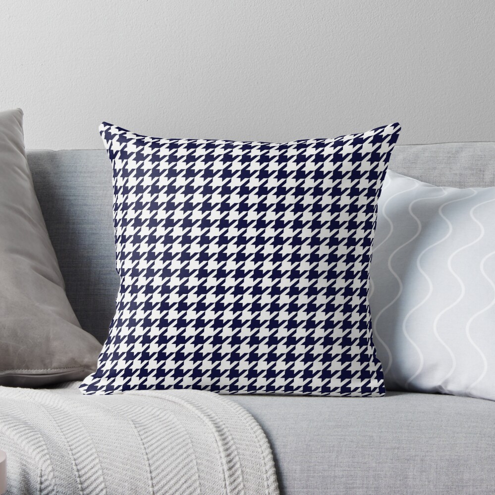 Navy Blue And White Houndstooth  Throw Pillow