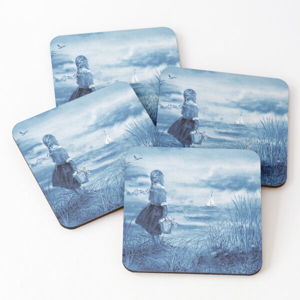 Item preview, Indigo Blue Watercolor Landscape With Girl And Ocean Beach Art Sailboat Waves Birds  designed and sold by Irina Sztukowski.