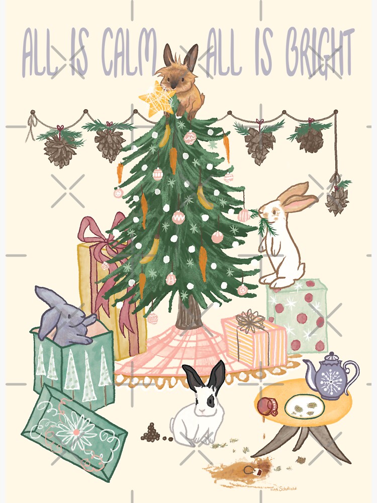 Thumbnail 3 of 3, Sticker, All is Calm All is Bright Funny Christmas Bunny Rabbits designed and sold by tinaschofield.