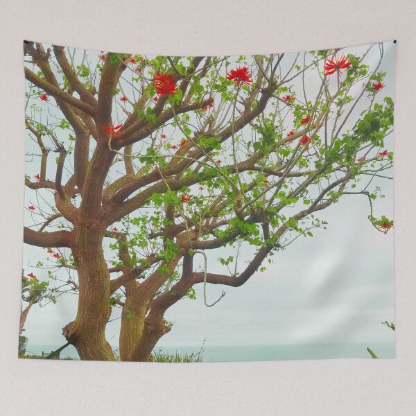 Item preview, Bright Red Flowers and Sprouting Leaves By the Ocean  designed and sold by ColorfulPrints.
