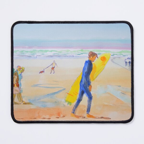Item preview, Surfer walking with surfboard on Fistral Beach in Cornwall watercolor painting designed and sold by MikeJory.