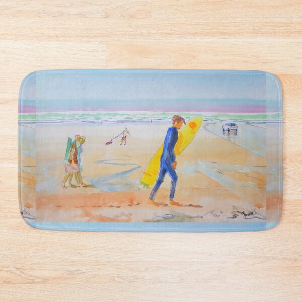Item preview, Surfer walking with surfboard on Fistral Beach in Cornwall watercolor painting designed and sold by MikeJory.