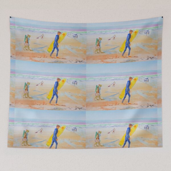 Item preview, Surfer walking with surfboard on Fistral Beach in Cornwall watercolor painting designed and sold by MikeJory.
