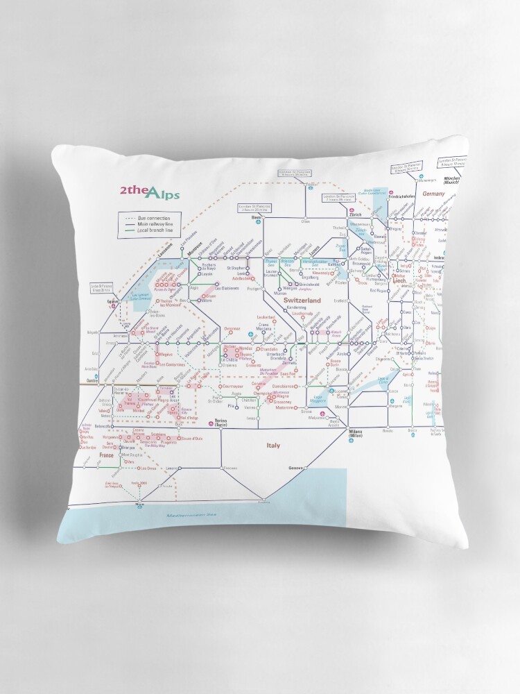 Thumbnail 3 of 4, Pillow, The Alps rail map - Switzerland designed and sold by 2theAlps.