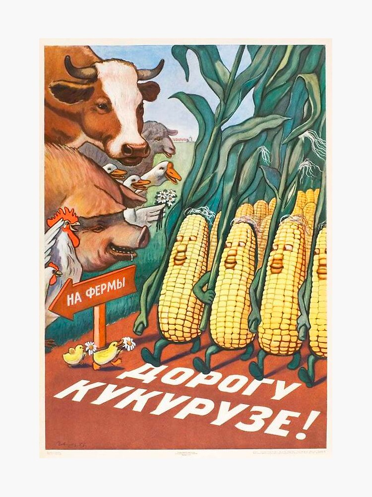 Thumbnail 3 von 3, Sticker, „Macht Platz für Mais!“ — Sowjetisches Plakat während Chruschtschows "Maiskreuzzug", 1955 designt und verkauft von oxycord.