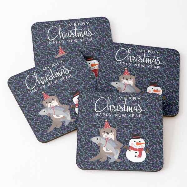 Item preview, Christmas otter (holding a gift fish) with a snowman (stars/lights/snow background) designed and sold by SolidEarthArt.